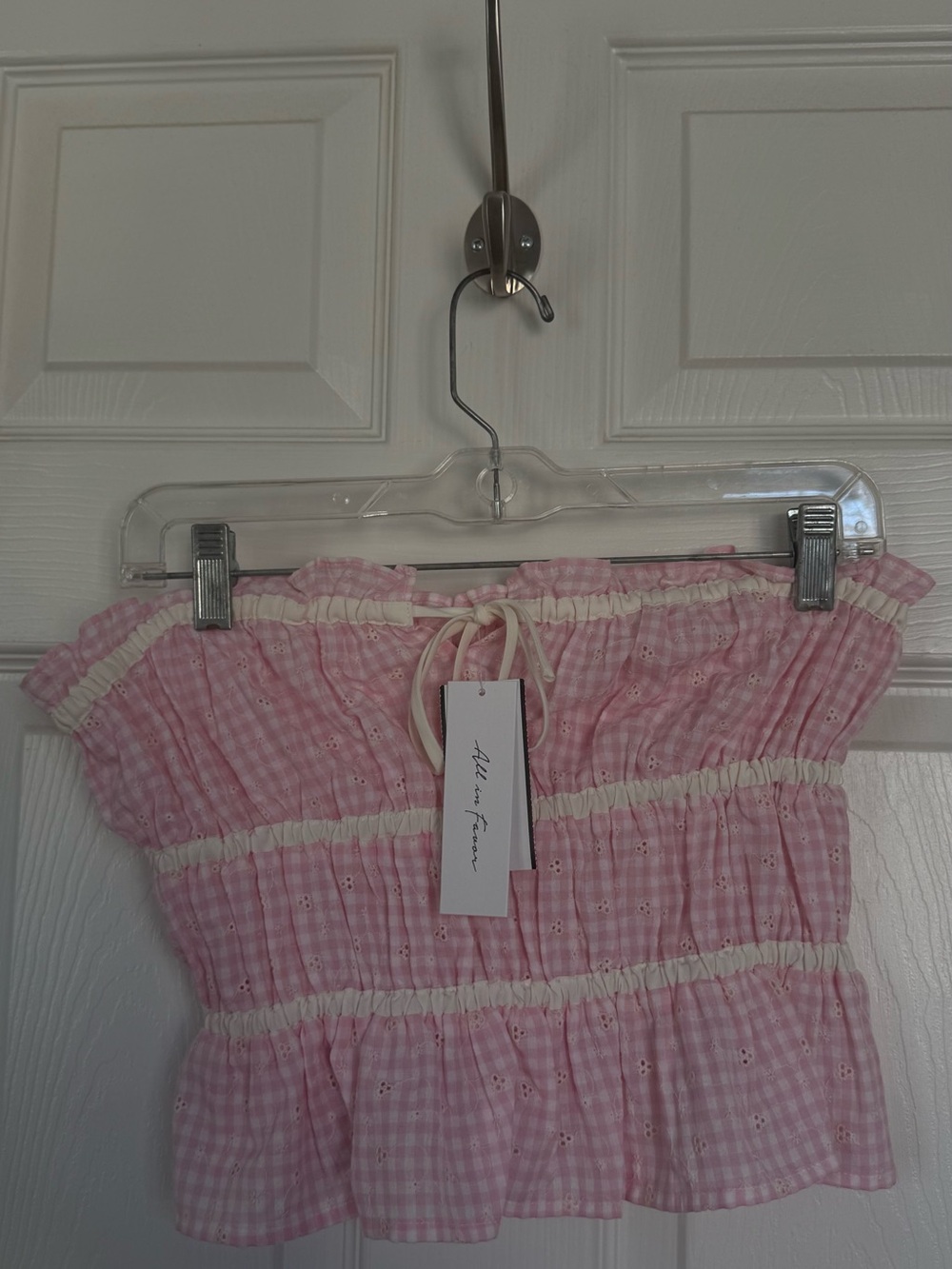 NWT All in Favor Pink and Cream Gingham Eyelet Tube Top🧺🩷🤍🎀